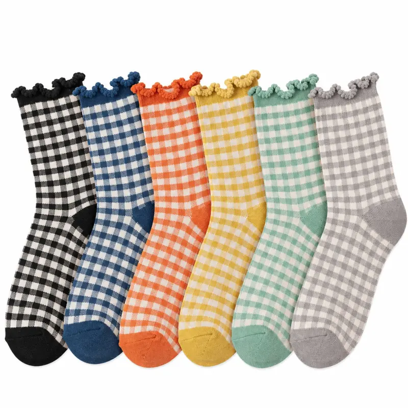 Women's 6-Pack Retro Gingham Check Mid-Calf Socks with Ruffle Cuffs, Crew Socks for Daily Casual & Sports Wear Everyday