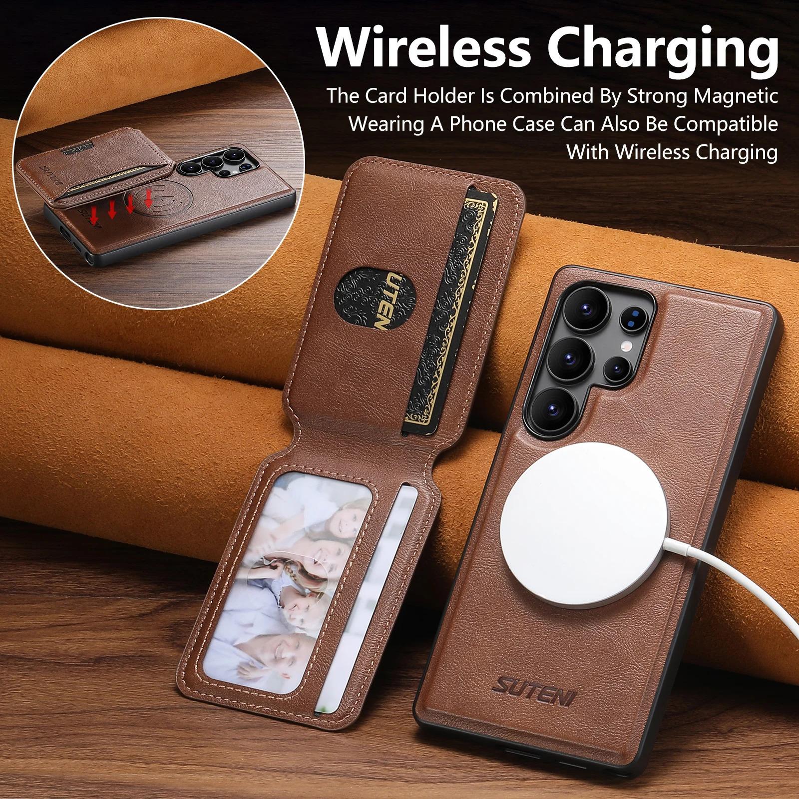 Magnet Wireless Charging Luxury Faux Leather Phone Case Card Holder Stand For Samsung Galaxy S26 Ultra S25 S24 S23 S22