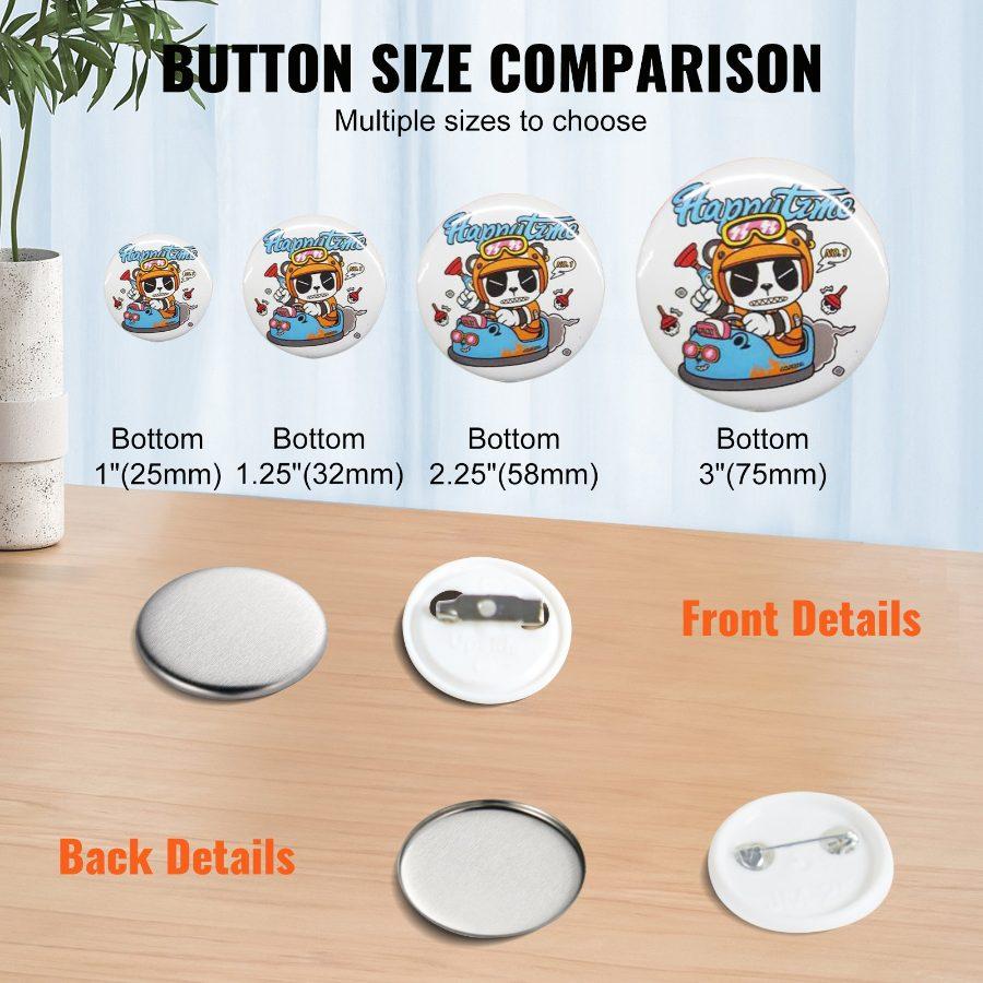 VEVOR 500 Sets 1 inch 25mm Pin Back Button Parts, DIY Round Button Badge Parts, Set Includes Metal Top, Plastic/Metal Button, Clear Film, and Blank Paper For Gifts Presents, Machine NOT Included