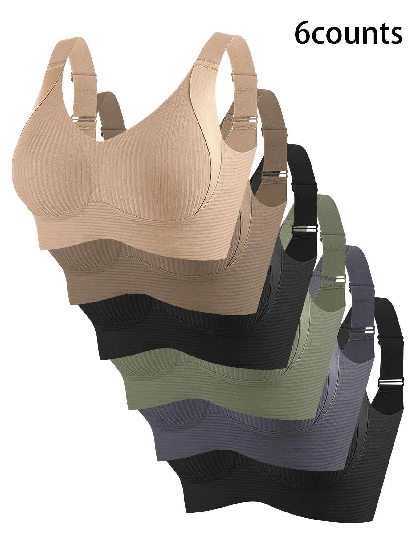 Women's 6-Pack Bralette Set, Wireless Bras with Adjustable Straps, Side Support & Shock Absorption, Yoga Loungewear Everyday Comfort Bra, Comfy Bra