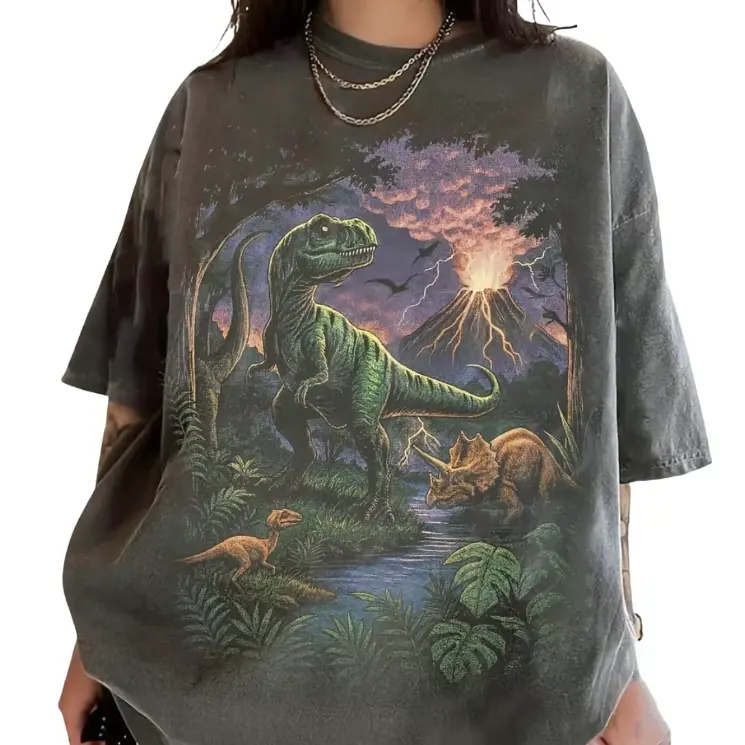 Oversized Fashion Comfort Graphic Outfit, Cute T-Rex Dinosaur Volcano Jungle Nature Cotton T Shirt, Vintage Prehistoric Animal Graphic Tee, Ideal Valentine Gift, Best Holiday Present For Him Her Friends Family