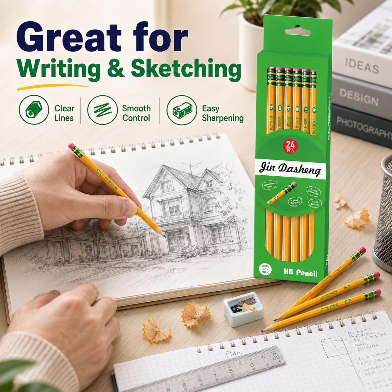 12/24PCS Pre-Sharpened HB Pencils Set, Yellow Hexagonal Wooden Writing Pencils with End Eraser, Smooth Graphite Lead, Easy Sharpening and Comfortable Grip for Students, School Supplies, Drawing, Sketching, Notes, Exams and Office Use