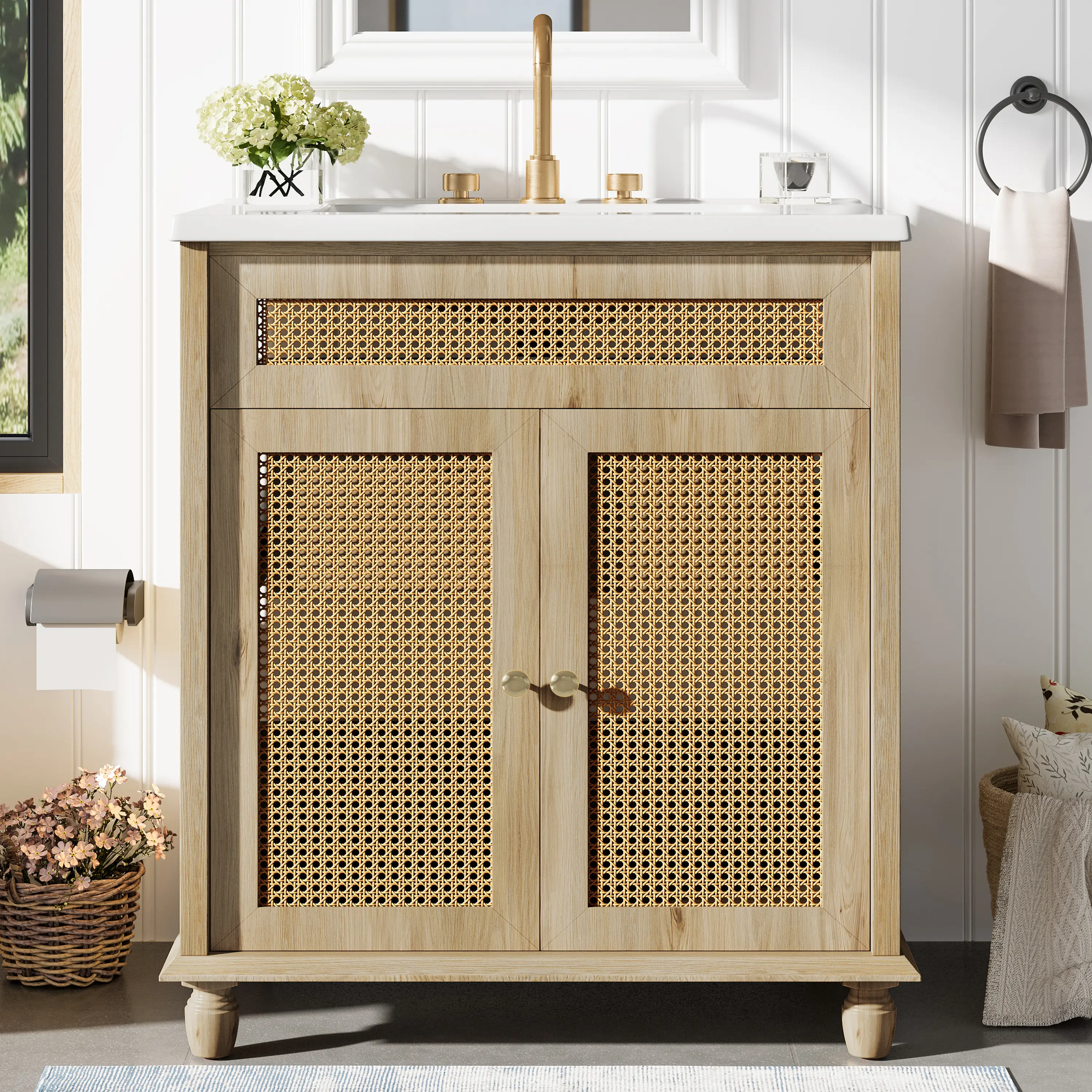 Nokaa 30-Inch Bathroom Vanity with Handwoven Rattan Doors, Solid Wood Legs, Resin Basin, Soft-Close Hinges, Space-Saving Floor Cabinet for Small Bathrooms, Multiple Color Options Available