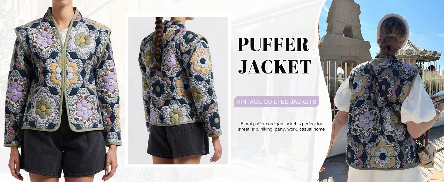 Ommig Women's Cropped Floral Quilted Jacket Cardigan Printed Lightweight Open Front Padded Puffer Coat