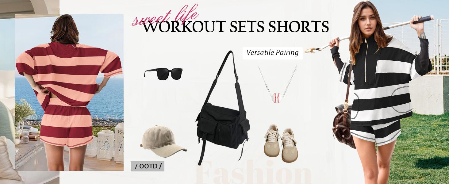 ETCYY Women's 2-Piece Lounge Set – Gamis Black & White Striped Oversized Shirt & Shorts Matching Sets Women, Fitted Suits, Casual Comfy Clothes for Travel, Workout, Streetwear, Stylish Daily Womenswear for Modern Women