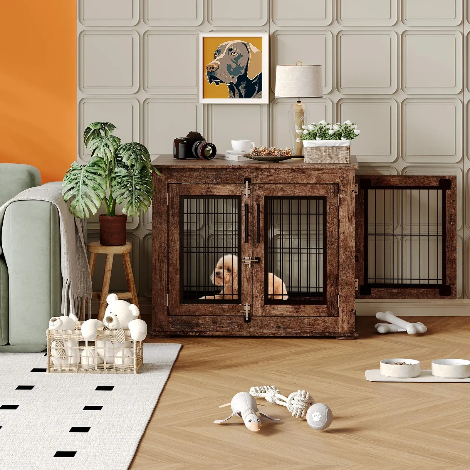 Garvee Robust Wood Frame Dog Crate with Double Doors, 78.7cm, Modern Farmhouse Look End Table Top, Indoor Crate for Small-Medium Dogs, Durable Stylish for Bedroom, Living Room