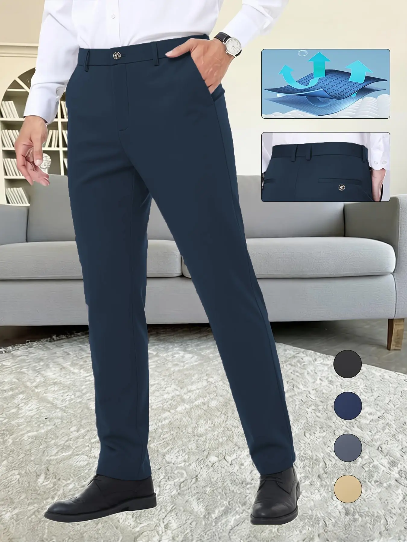 Men's Business Casual Suit Pants, Mid Waist, Slim-Fitting, Formal, Zipper Fly, Ankle Length, Soft Breathable Fabric, All Seasons, Plain Pattern