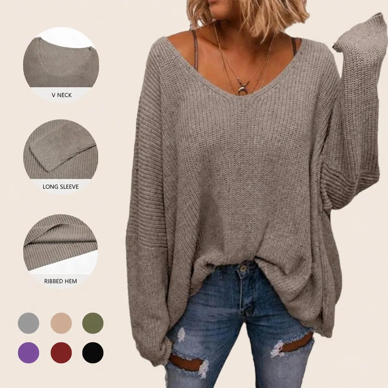 Imily Bela Women's V Neck Long Sleeve Knit Loose Oversized Pullover Sweater Top