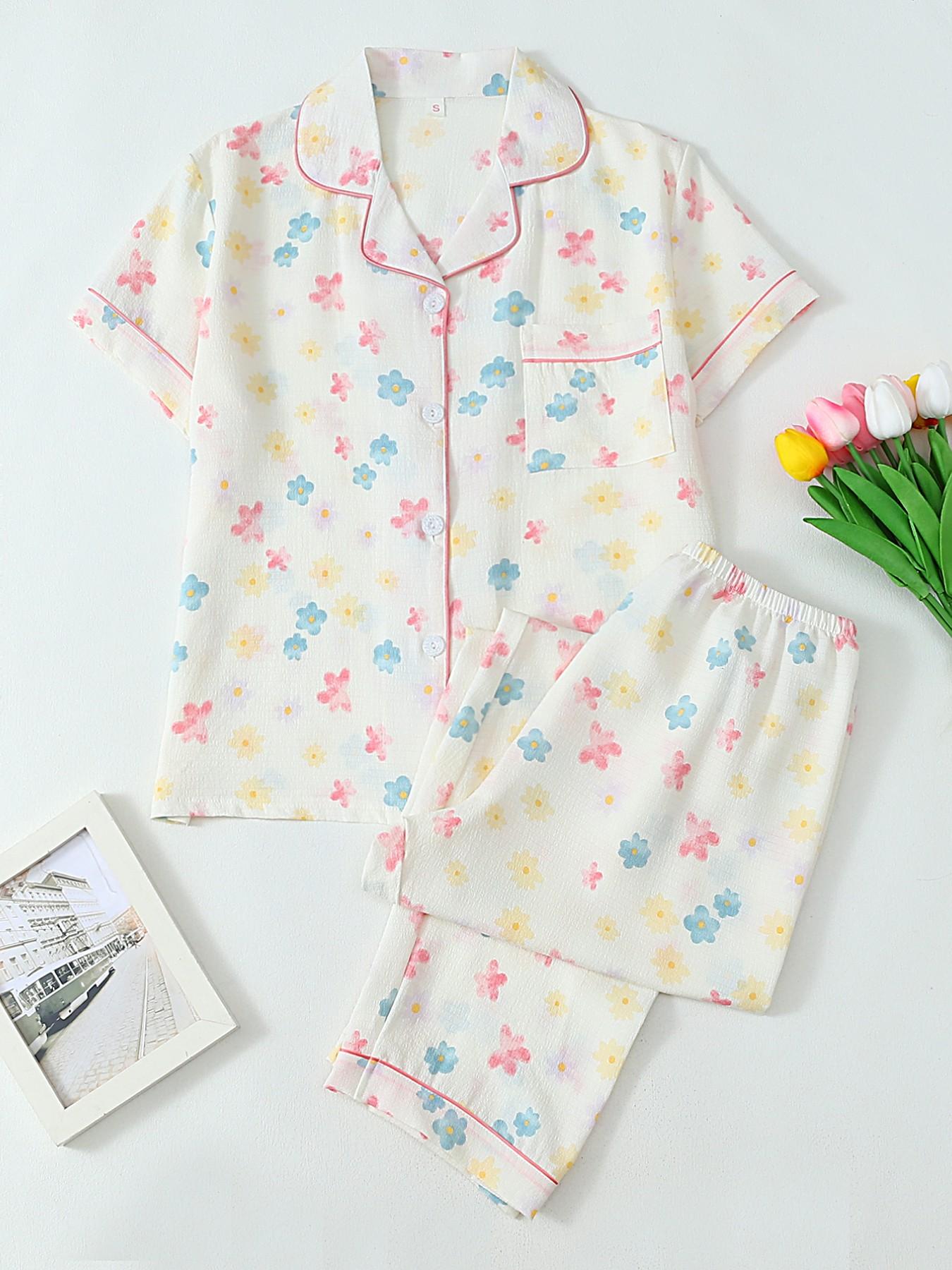 Women's Heart Print Short Sleeve Pajama, Casual Comfy Heart Print and Striped Lapel Neck Pocket Shirt & Pants PJ Set, Ladies Sleepwear for All Seasons, Loungewear, Pyjamas, Womenswear