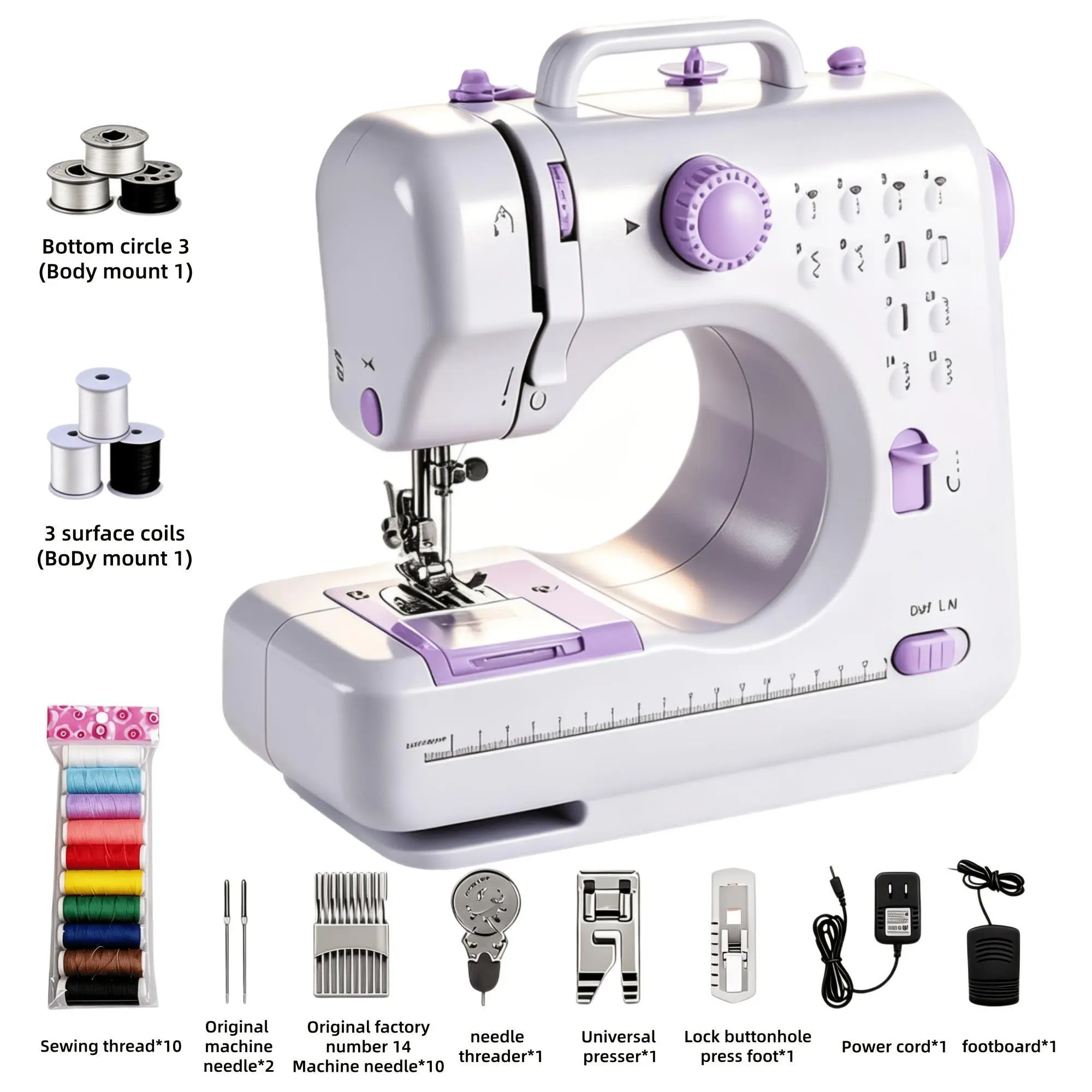 For Home Sewing Machine Electric, Built-In 12 Needles, Overlock Function, Button Sewing And Thread Winding, 100V-130V with US Plug, Light Purple, Sewing Additions, Suitable for Home, School, Daily Sewing, Mother'S Day Gift