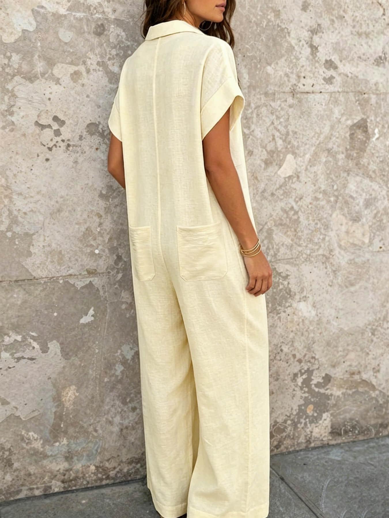 Women's Fashion French Style Chic Minimalist Loose-fit Oversized Jumpsuit with Button Design, Casual Wide-leg Jumpsuit for Summer, Womenswear, Suitable for Home, Outings, Vacation and Daily Commute, Holiday Jumpsuit