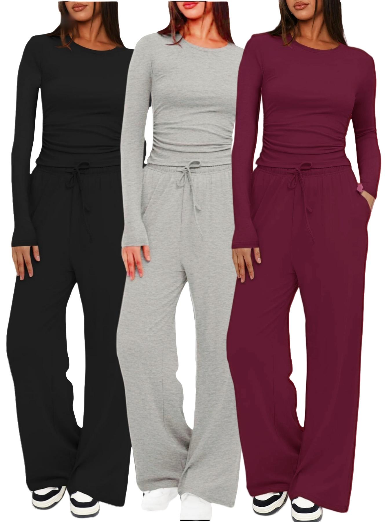 Women's 2-Piece/6-Piece Plain Slim-Fit Long Sleeve Top Pants Sleepwear Set, Pajama Set, Soft Comfortable Homeewear, Home Leisure Wear, Casual Yoga Wear, Loungewear, Loungewear Nightwear Set