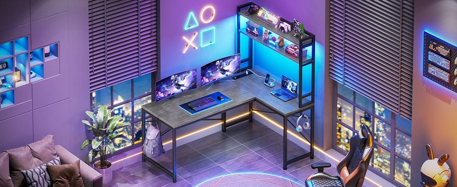 Sikaic 45.3 inches LED Reversible L Shaped Gaming Desk with Hutch Power Outlet Storage Shelves and Hooks Furniture Table Modern Ergonomic Computer Monitor Stand Dual Monitor Stand