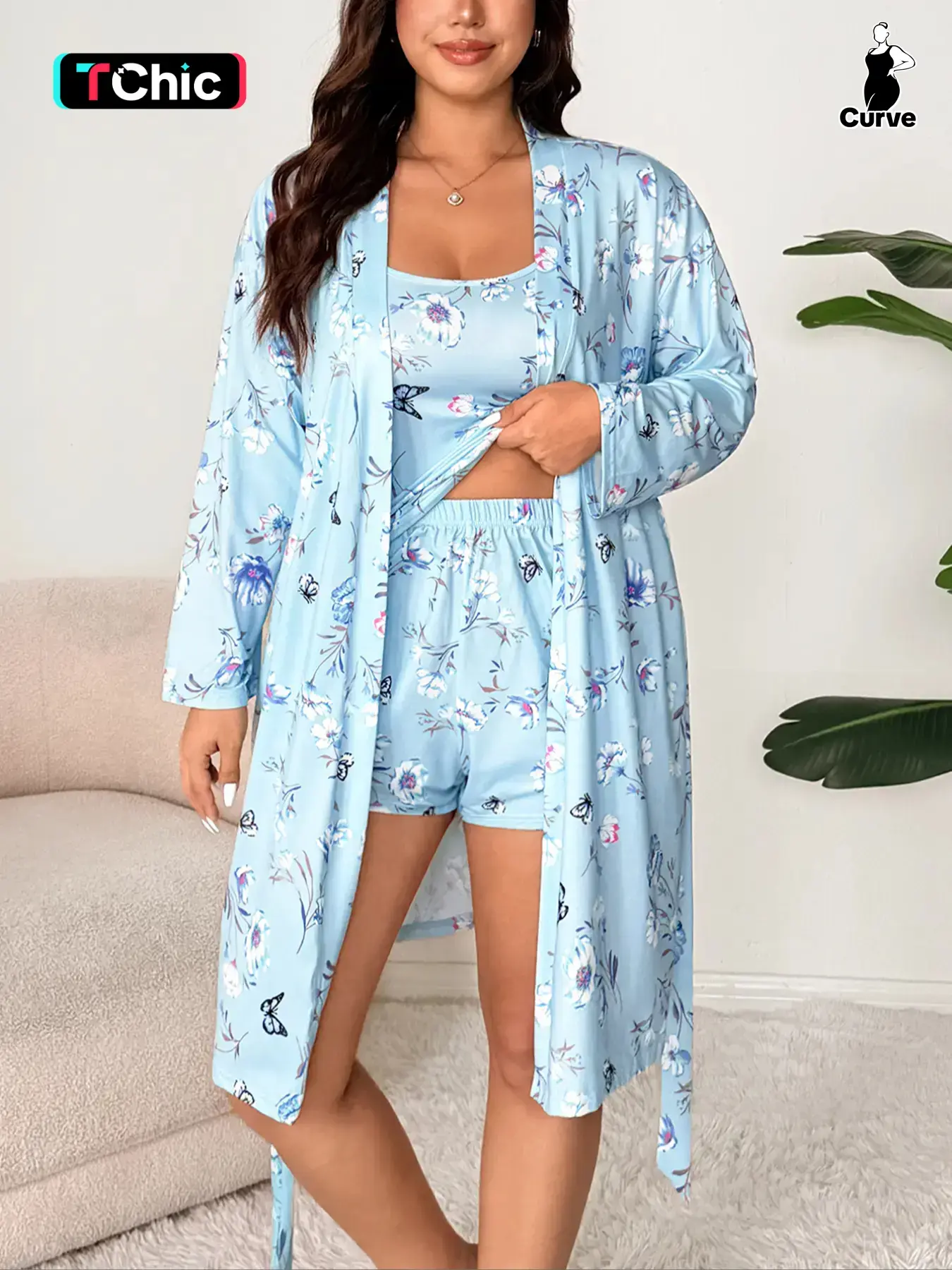 Plus Size 3 Piece Set: Floral Butterfly Print Shorts & Floral Long Sleeve Top & Cami, Casual Spring Sleepwear Loungewear, Ladies Loungewear