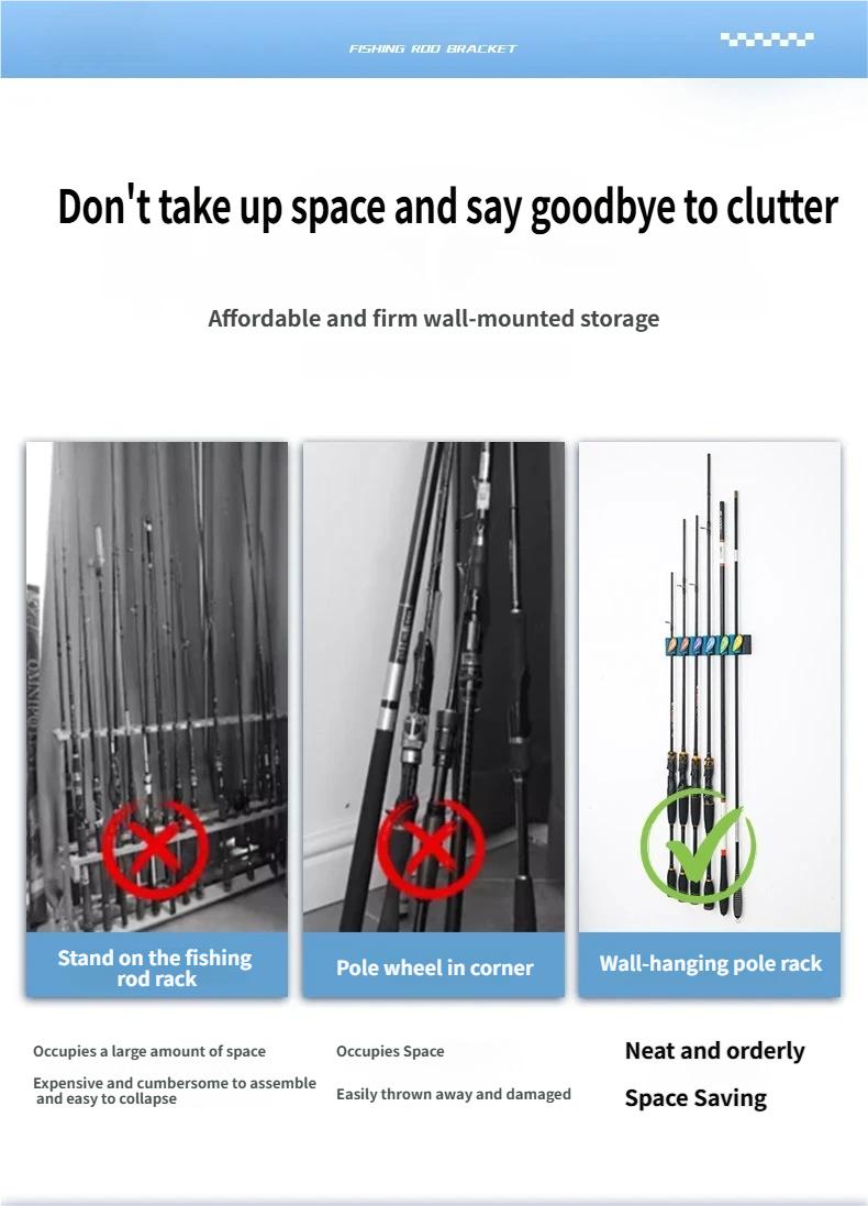 6-Slot Vertical Wall Fishing Rod Holder, Punch-Free Quick Buckle Organizer with Strong Hold Spring Clips for Spinning Casting Fishing Rods