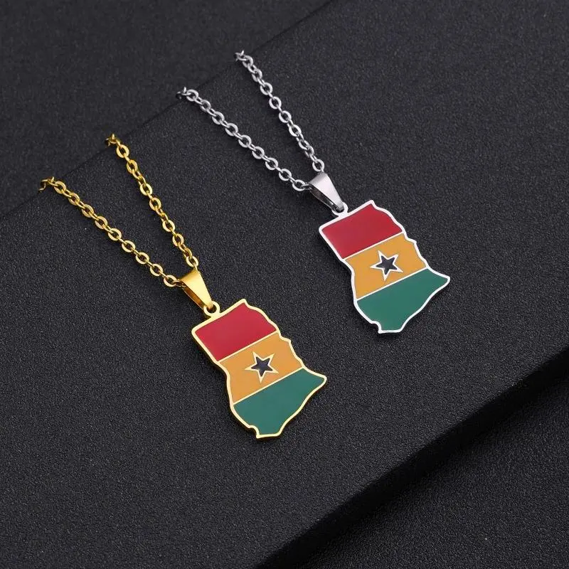 Stainless Steel African Theme Bead Pendant Necklace - Gold, Silver Color Ghana Map Flag Design, Men's Long Necklace, Birthday Gift Ideas for Girlfriend, African Costume Jewelry Accessory