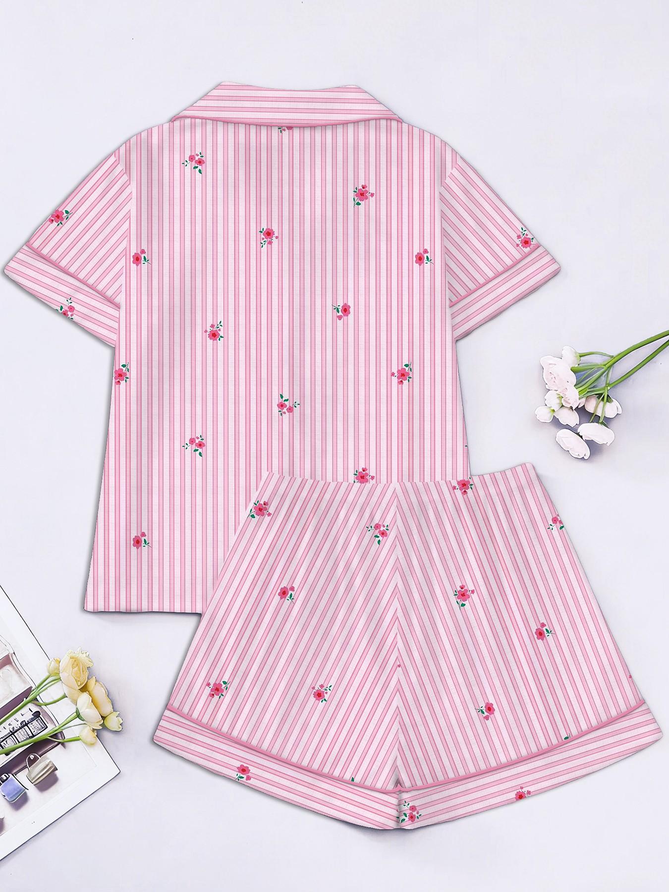 Women's Short Sleeve Button Down Top and Shorts Pajama Set, Spring Summer Wear, For Retro Sweet Girls, Pink White Stripe With Floral Print, Classic Lapel Collar With Contrast Pink Piping, Loose Fit, Comfortable For Home & Short Trips