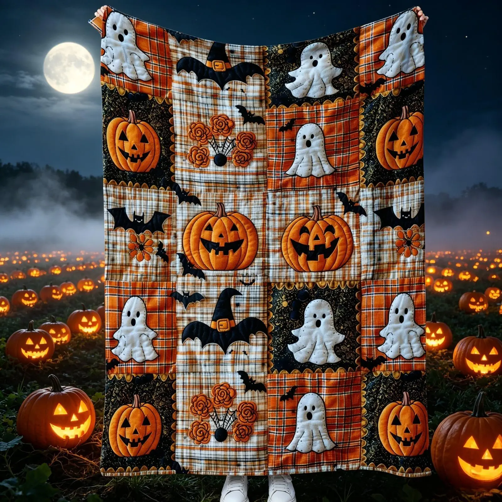 Halloween Pumpkin Ghost Bat Plaid Patchwork Quilted Blanket Soft Warm Plush Throw Blanket Fall Autumn Cozy Farmhouse Decor Couch Bed Nap Blanket Giftable Halloween Holiday Room Decor