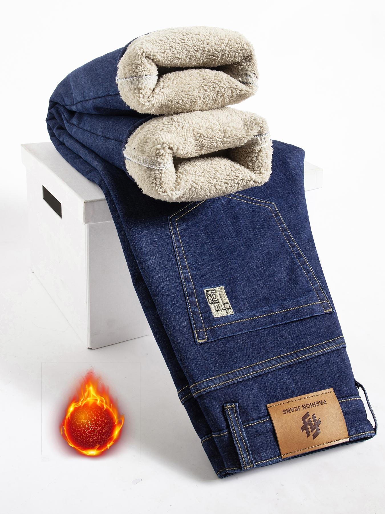 Men's Fleece-Lined Plain Denim Jeans, Winter Casual Friday Loose Straight-Leg Warm Pants, Thickened Thermal Comfortable Men's Clothing