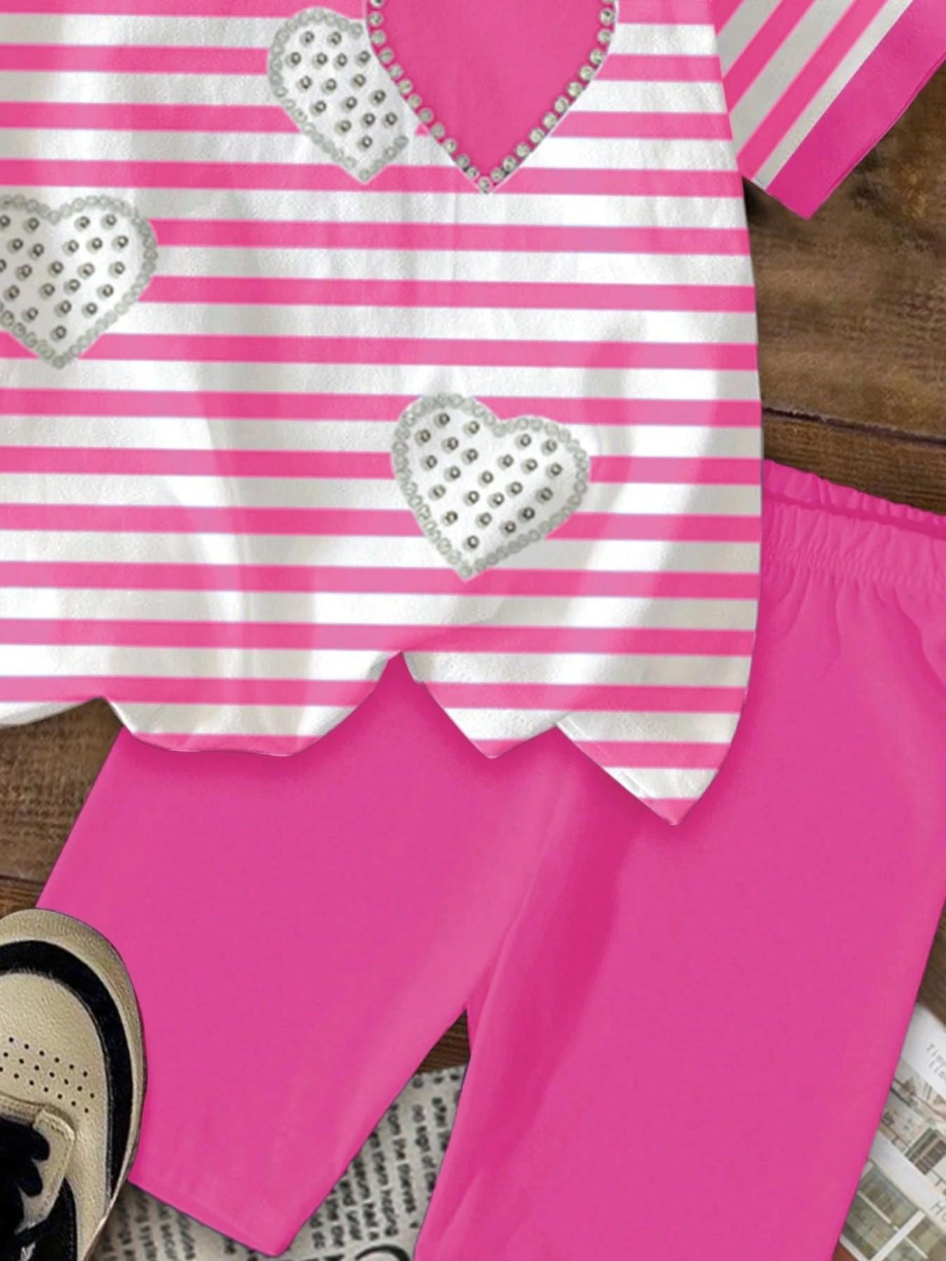 Girls' 2-Piece Set Summer, Striped Heart Print T-Shirt & Shorts, Casual Everyday Wear, Perfect for Parties & Holidays