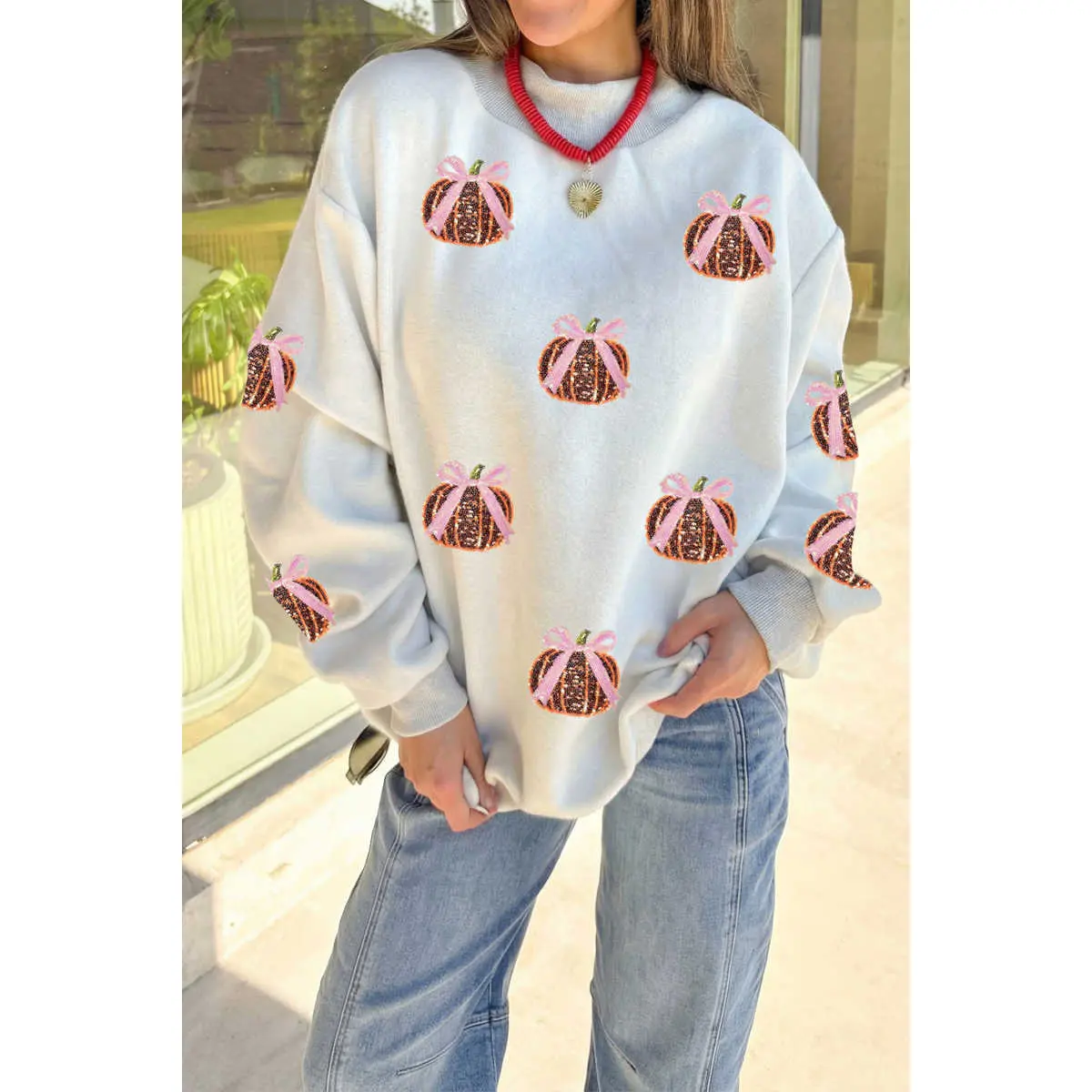 Light Grey Sequin Bow Pumpkin Patch Color Block High Neck Sweatshirt