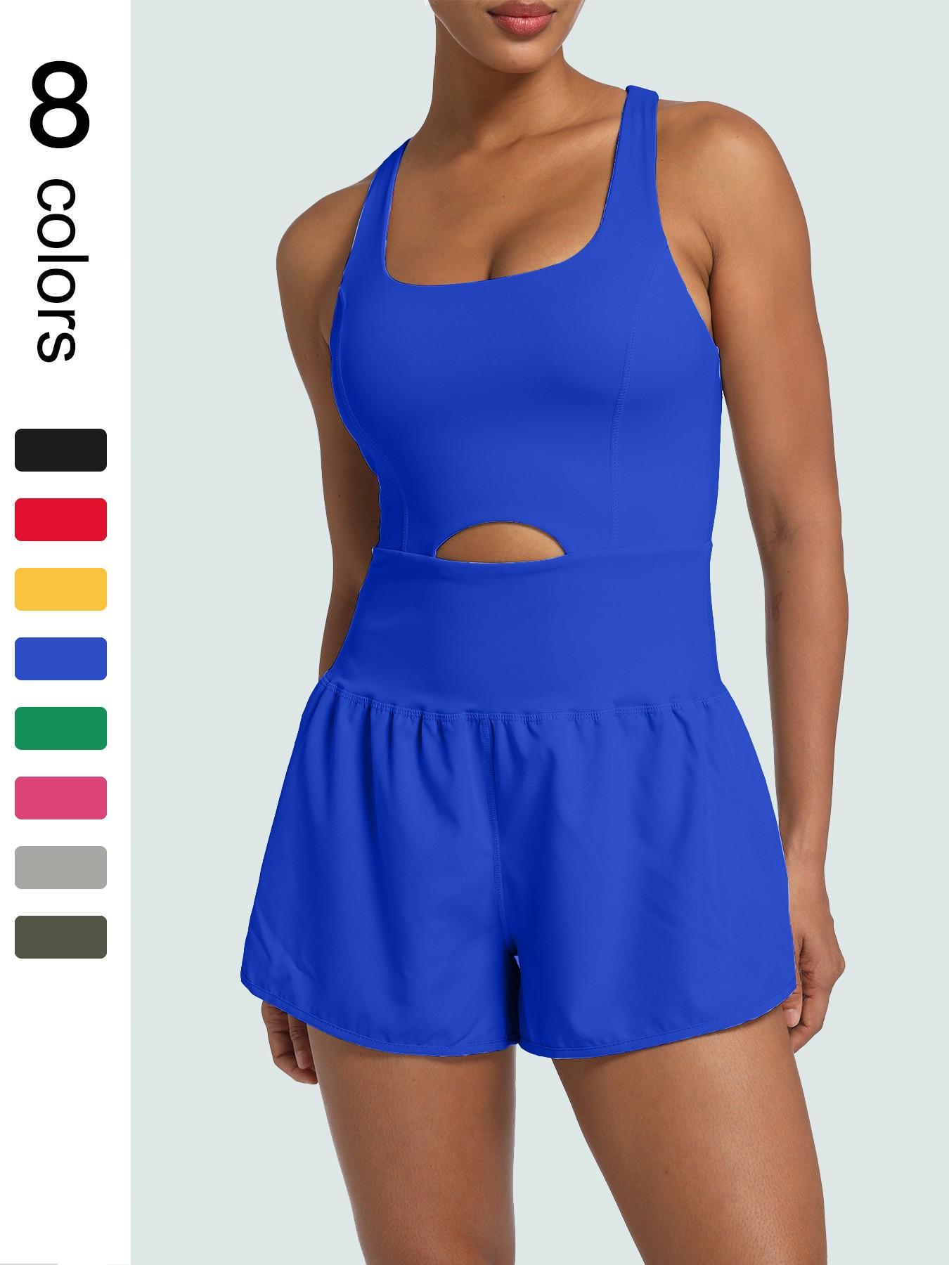 Women's Solid Color Cut Out Sports Romper, Sporty Romper, Casual Sleeveless Tank Romper, High Waisted Romper, Elastic Waist Romper, Workout Rompers, Exercise Rompers, Athletic Rompers for Yoga Gym Workout, Ladies Sportswear for All Seasons, Yoga Jumpsuits
