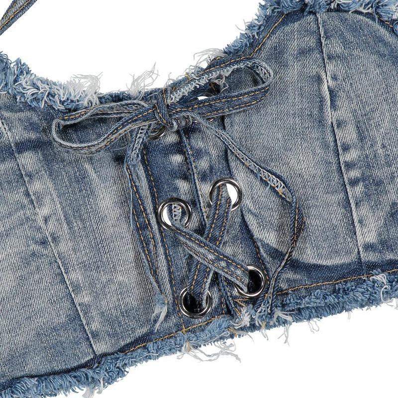 Women's 2-Piece Denim Bikini Swimsuit Set - Distressed Fringed Top, Denim Hot Pants, Beach Wear for Beach Outings, Bar Performances