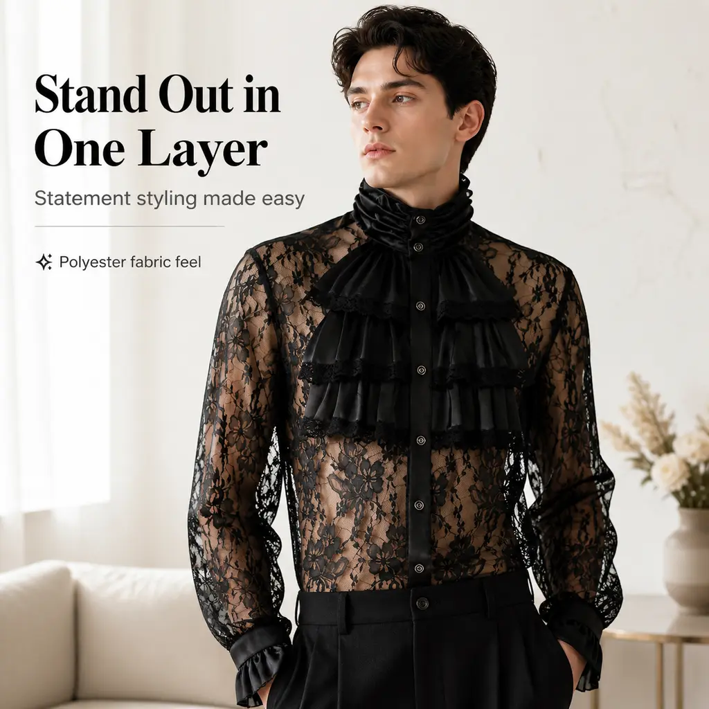 Men's Black Sheer Floral Lace Ruffled Shirt - Victorian Standing Collar Long-Sleeve Blouse, Gothic Renaissance Noble Costume Top for Halloween Cosplay, Themed Parties