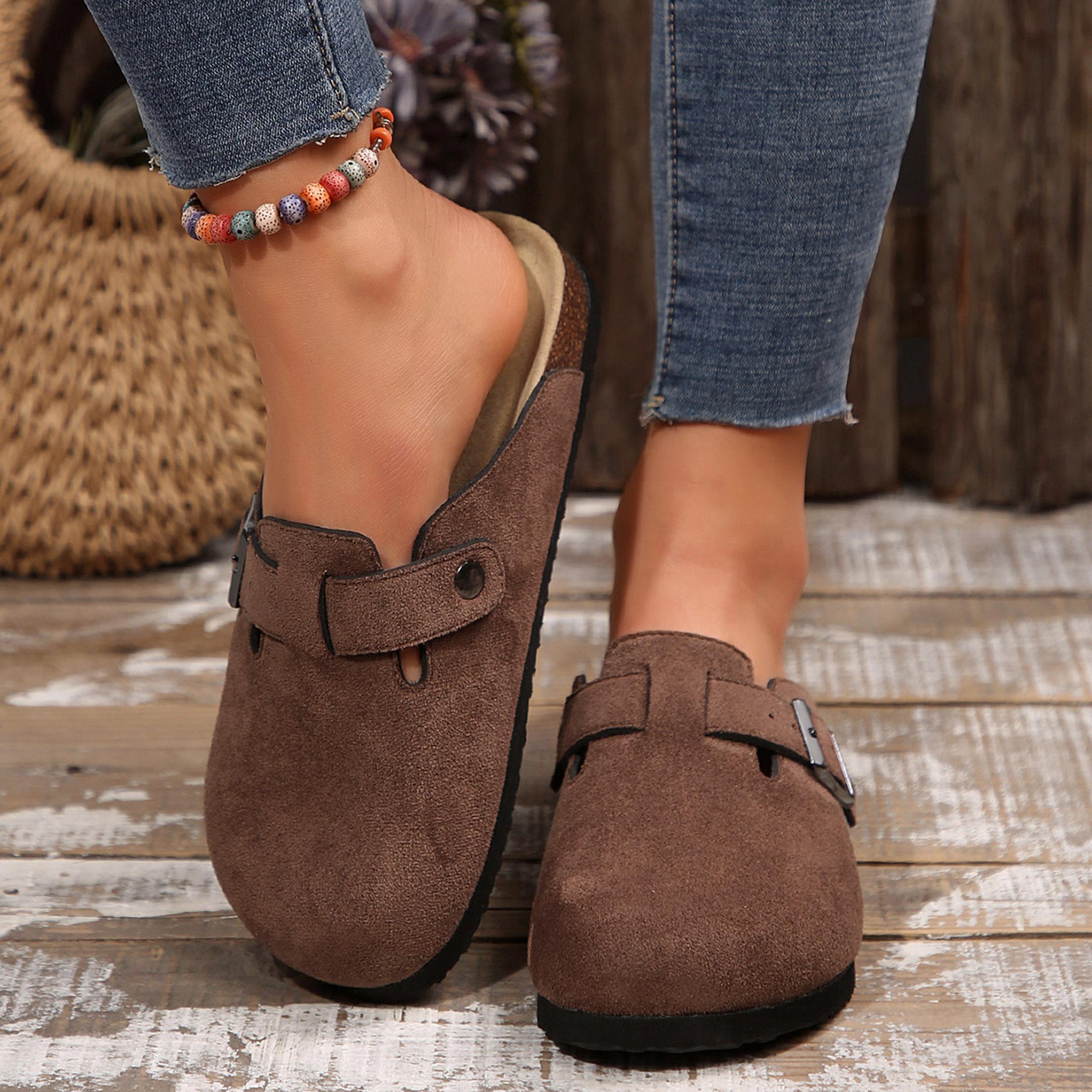 Women's Suede Clogs Mules Cork Footbed Potato Shoes, Slip On Sandals with Adjustable Buckle Indoor Outdoor Walking Shoes Springfresh