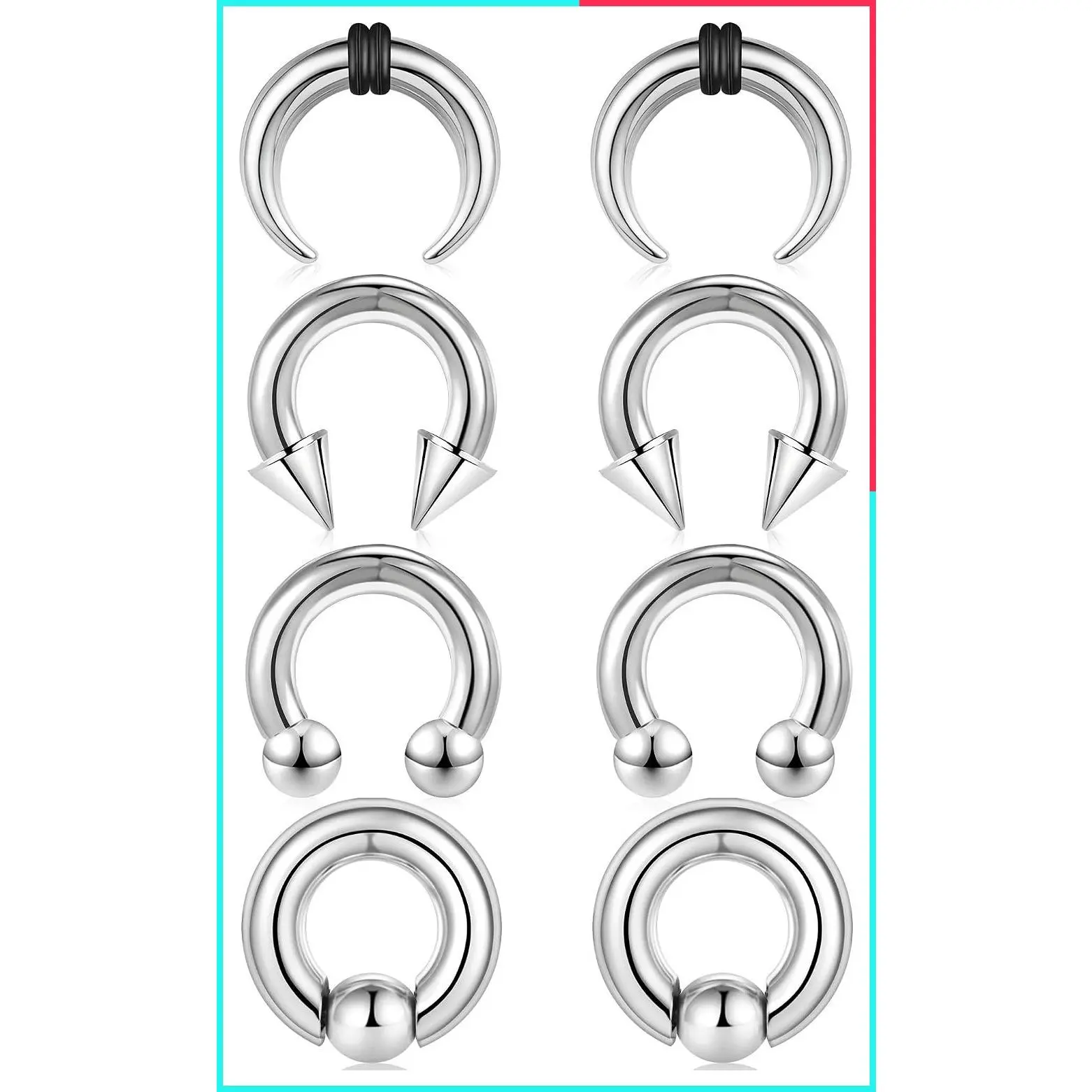 8Pcs Stainless Steel Septum Rings 2G-16G Hoop Spike Horseshoe Pincher for Eyebrow, Lip, Nose, Helix, Tragus, Daith, Rook, Septum Stretching Kit Women Men 10mm/12mm