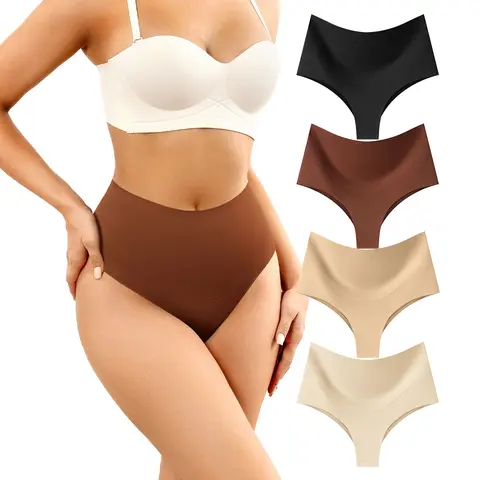 LEVAO Women's High-Waisted Seamless Tummy Control Thong Shapewear Panties (4-Pack Multicolor A) - Ultra Thin, No-Show, Polyamide-Spandex Soft Fabric, Postpartum Comfy Underwear for Women, Christmas Essentials, Refer to Size Chart
