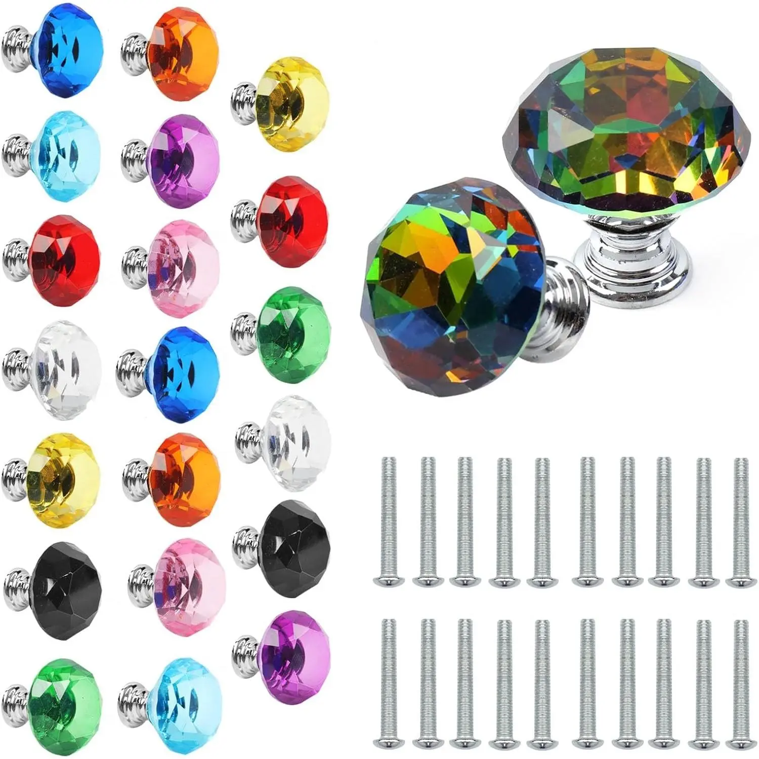 22 Pack 30mm Colorful Crystal Glass Drawer Knobs, Diamond Shape Cabinet Pulls Handles for Dresser Wardrobe Kitchen Bathroom Cupboard (11 Colors)Gift