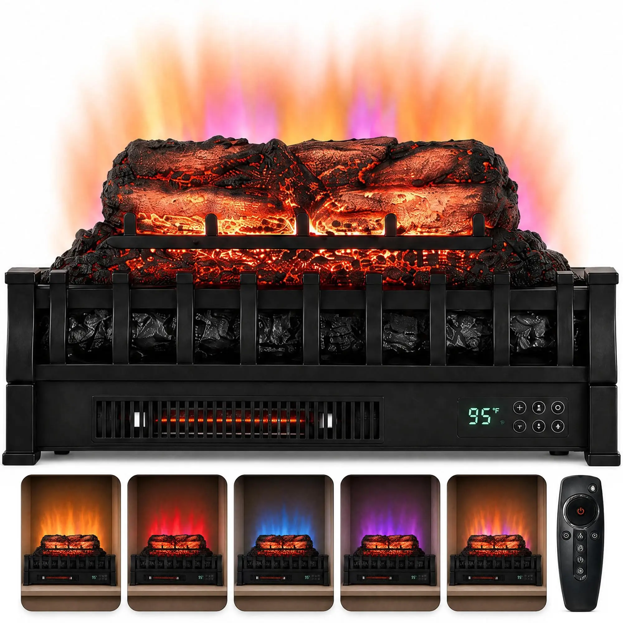 23" Electric Fireplace Log Insert Heater – 1500W 120V with Faux Pine Logs, LED Flame Display with 5 Effects & 5 Brightness Levels, Remote Control, Ashless & Smokeless Space Heater