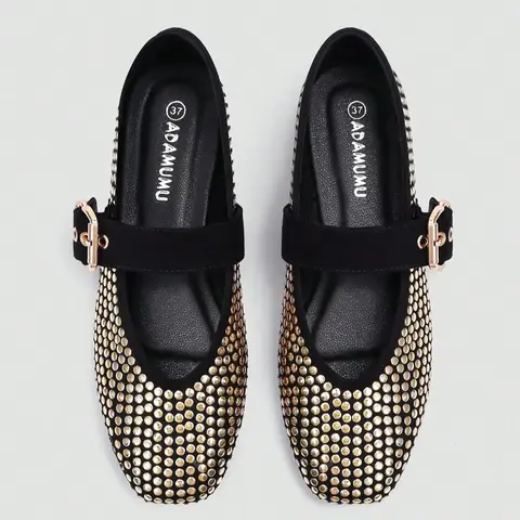 Women's Mary Jane Flat Shoes, Walking Shoes with Stud Embellishment, Comfortable Footwear for Daily and Party Wear, Metal Buckle Strap and Rubber Sole, Square Toe Flats, Casual Elegant Flats