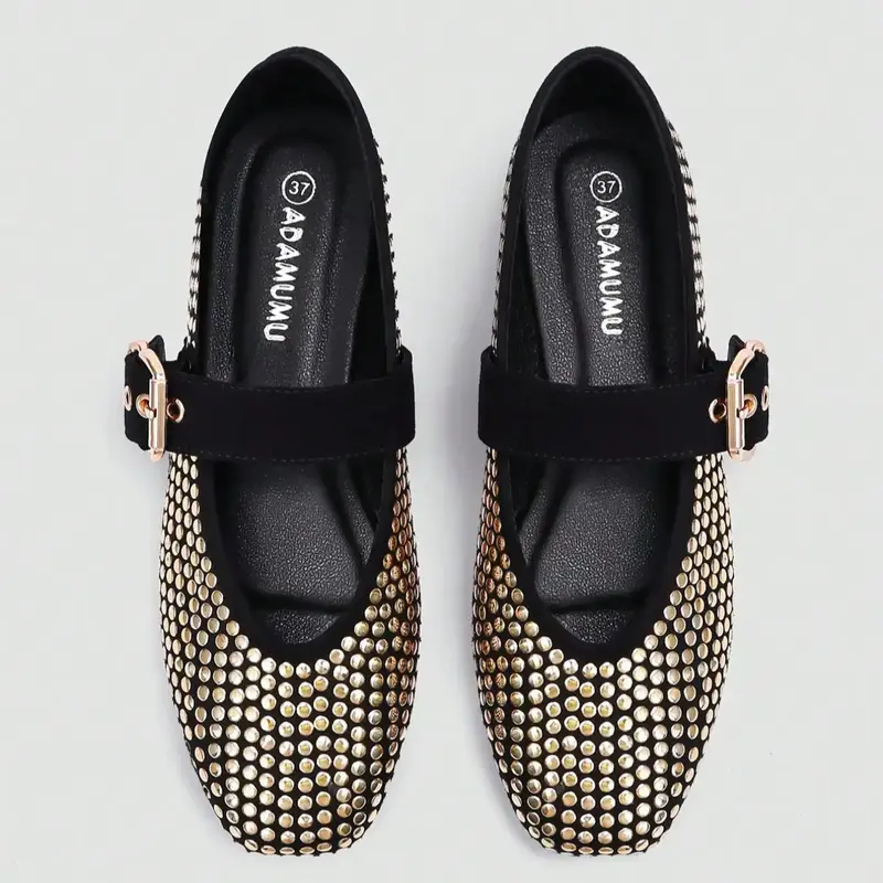 Women's Mary Jane Flat Shoes, Walking Shoes with Stud Embellishment, Comfortable Footwear for Daily and Party Wear, Metal Buckle Strap and Rubber Sole, Square Toe Flats, Casual Elegant Flats