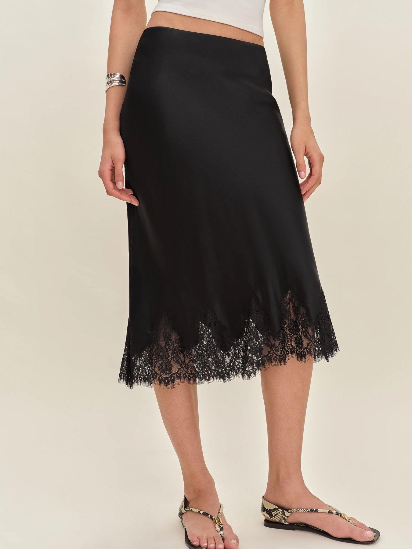 Women's Summer Spring Satin Lace Patchwork High-Waisted Skirt, Long Fitted A-Line Fashion Dress, Ideal for Daily Travel Wear, Lace Trim Skirt