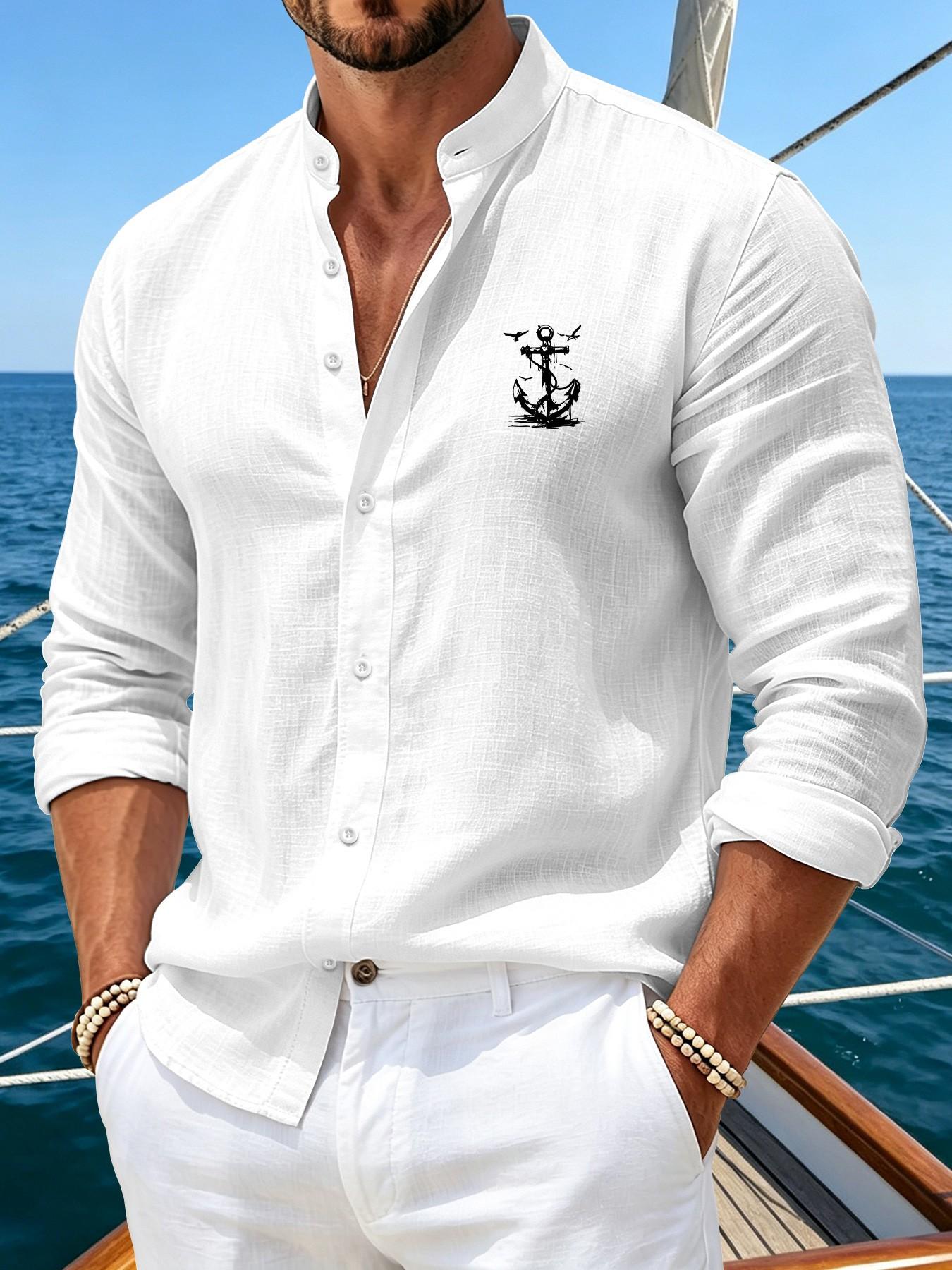 Men's Fashion Business Casual Long Sleeve Shirt with Anchor Print and Faux Linen Look, Slim Fit for Autumn and Spring Office Wear, Versatile Daily Attire