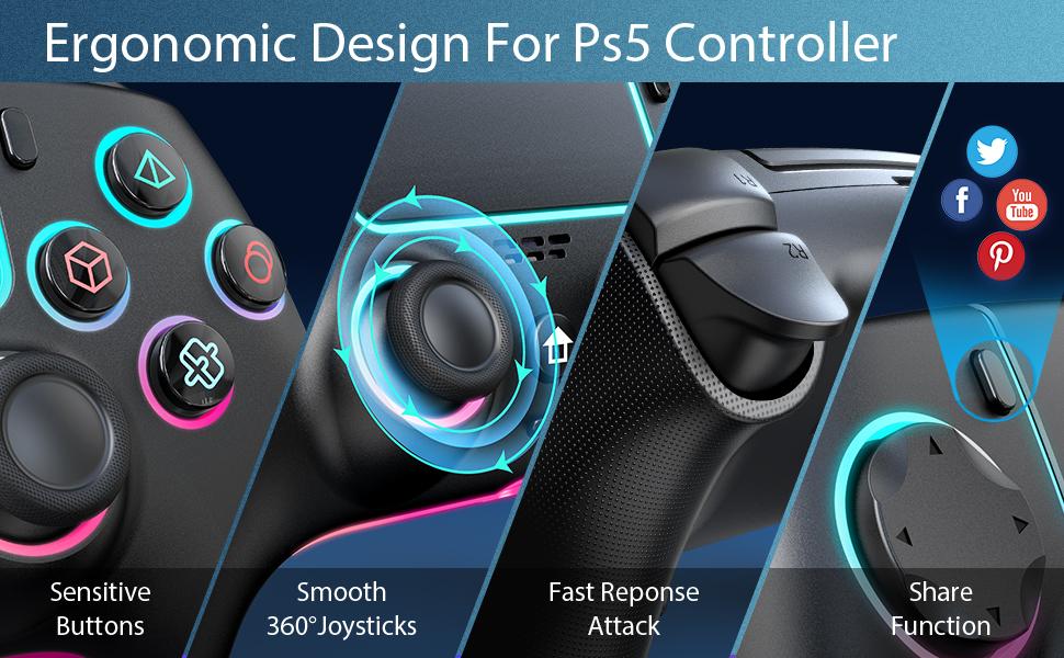 JORREP Anti-Drift PS5 Pro Wireless Controller with 7 RGB Colors Lighting Dual Vibration Turbo 6 Axis Gyro Sensor Programmable Headset Jack for PS5 Pro PC MAC iOS Android10 Steam Deck Remote Joystick Colorful