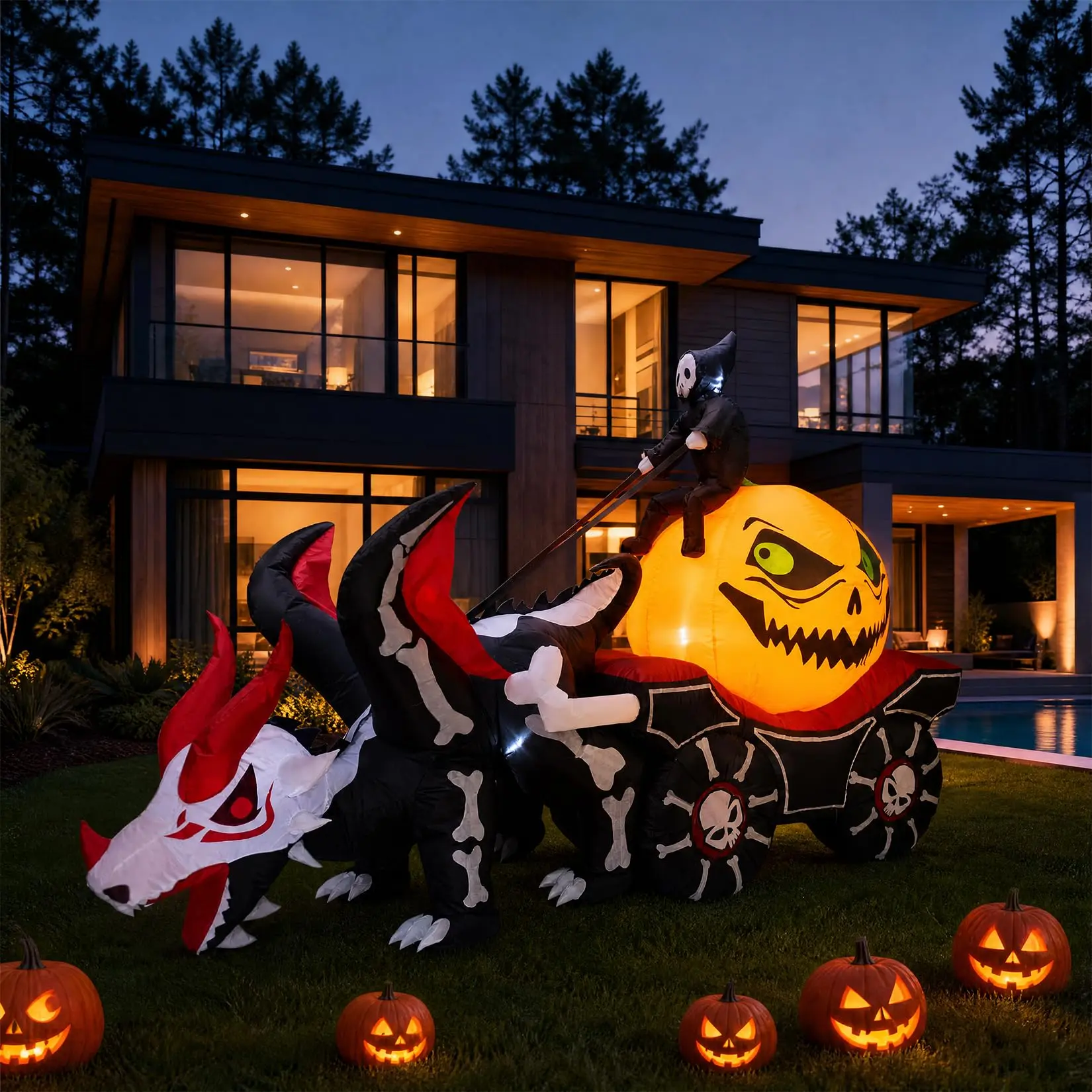 8.9FT Lighted Halloween Inflatable Outdoor Decoration, Grim Reaper with Pumpkin Ox Cart, Fast Setup Water-Resistant Blow Up Inflatable Decoration for Yard, Lawn, Patio & Garden,Halloween Inflatable Outdoor Decoration,Inflatable Decoration