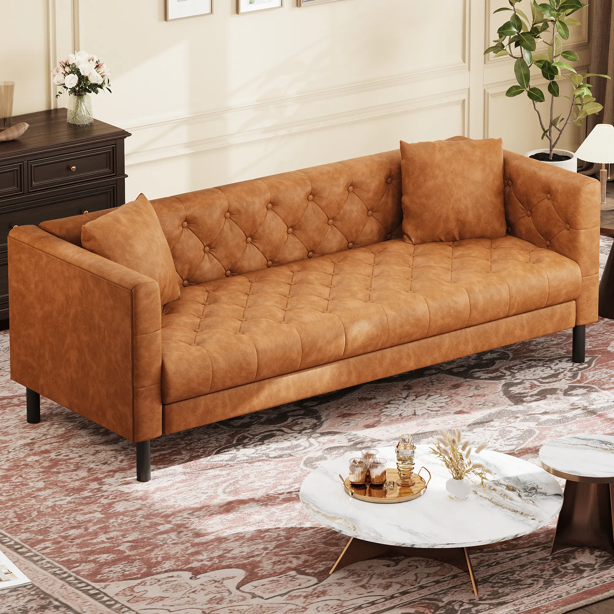 81"Chesterfield Sofa with Deep Seats and 2 Pillows, 3 Seater Sofa with Button Tufted, Sleeper Sofa for Apartment, Office, Brown