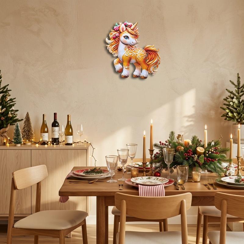 New Iron Art Christmas Unicorn Wall Decor, Candy Unicorn Metal Wall Hanging, Holiday Home Entry Party Atmosphere Decoration, Festive Christmas Ornament