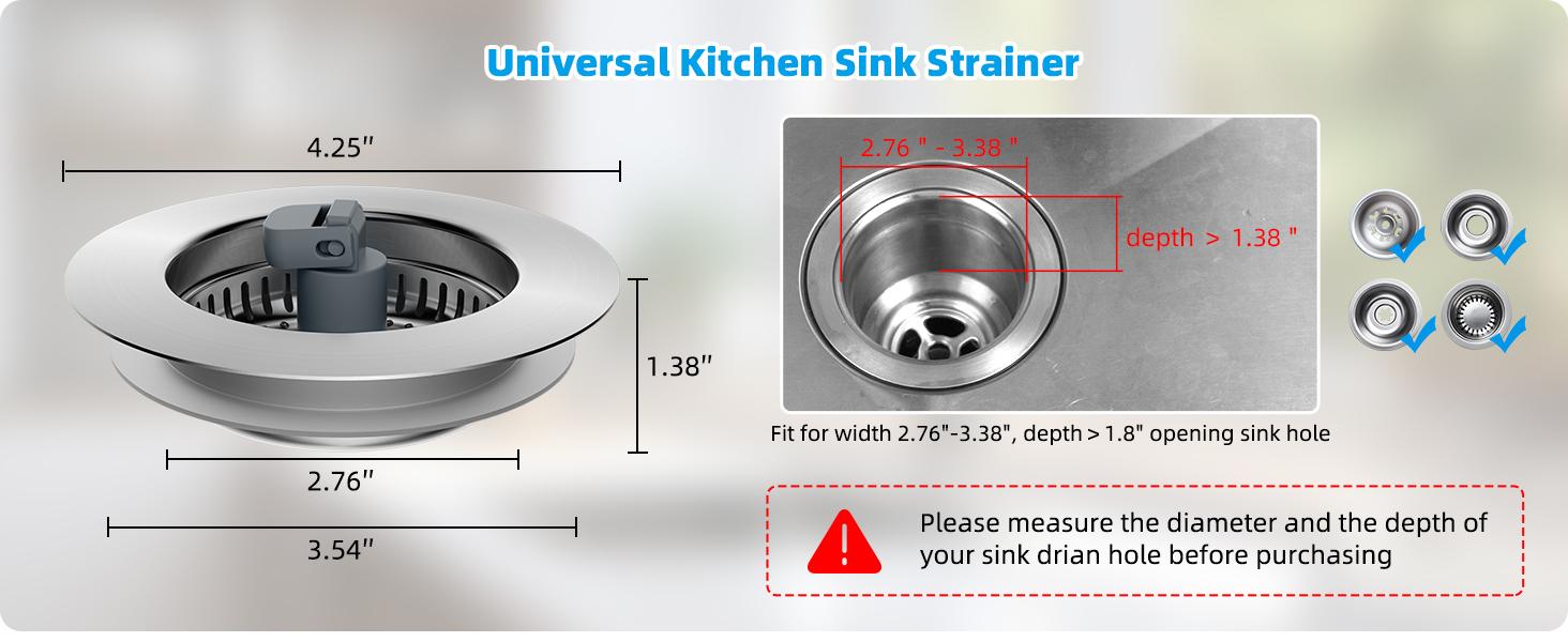 Hibbent 3 in 1 Kitchen Sink Drain Strainer and Stopper Combo, Stainless Steel Metal Pop Up Sink Stopper, SUS304 Anti-Clogging Basket Strainer with Handle for US Standard 3-1/2" Drain
