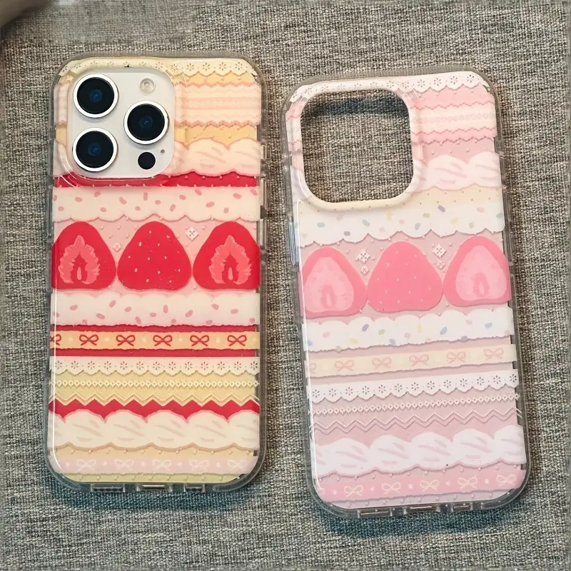 Phone Case - This Creatively Cute Niche Cream Powder Strawberry Cake Phone Case Is Compatible with Iphone 17, 16, 15, 14, 13, 12, 11 Plus And Pro Max. This Adorable Soft Back Cover Offers Full Screen Protection And Features a Floral Design
