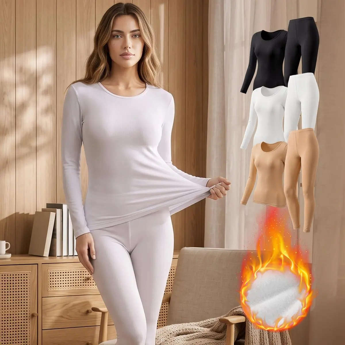 QUASTI 1PC/3PCS Women's Thermal Base Layer Sets, Crew Neck Long Sleeve Top & Long Johns, Soft Stretchy Ladies Fitted Winter Loungewear Sleep Sets, Casual Indoor Outdoor Layering Thermal Underwear for Daily Wear, S‑XXL
