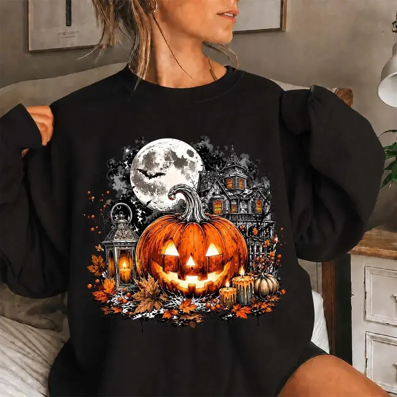 Women's Halloween Haunted House & Pumpkin Graphic Crewneck Sweatshirt, Vintage Full Moon Bat Spooky Pullover Top, Casual Autumn Streetwear for Pumpkin Patch and Halloween Parties, Fall Holiday Gift