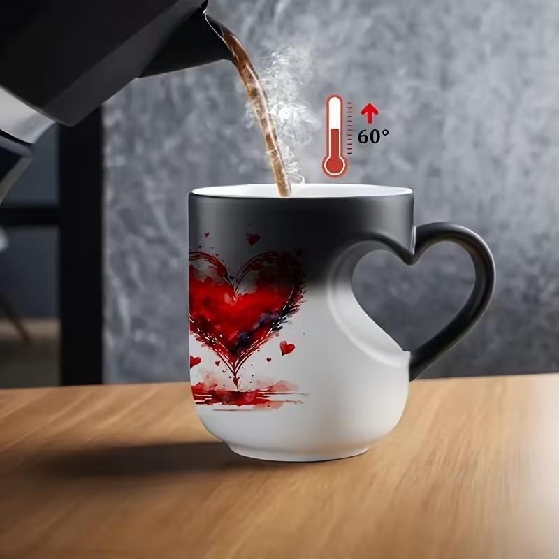 1pc 11oz 325ml Magic Color-Changing Mug - Ceramic Coffee Mug - Thermosensitive Ceramic Cup Changes Color When Hot Drinks Are Added (-Activated), White with Red Hearts Design, Hand Wash Only, Reusable Gift for, Tea, Cocoa