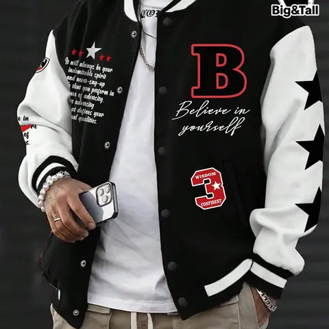 Plus Size Men's Slogan & Stars Print Button Front Thermal Lined Varsity Jacket, All Season Button Collared Jacket, Casual Regular Fit White and Black Colorblock Long Sleeve Pocket Baseball Collar Outerwear for Fall & Winter, Menswear
