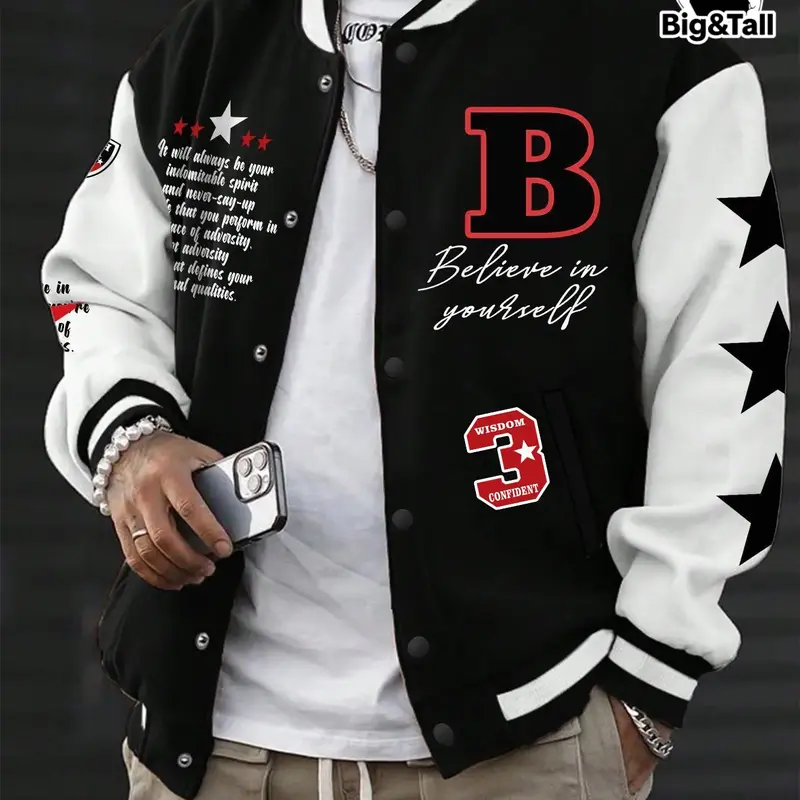 Plus Size Men's Slogan & Stars Print Button Front Thermal Lined Varsity Jacket, All Season Button Collared Jacket, Casual Regular Fit White and Black Colorblock Long Sleeve Pocket Baseball Collar Outerwear for Fall & Winter, Menswear