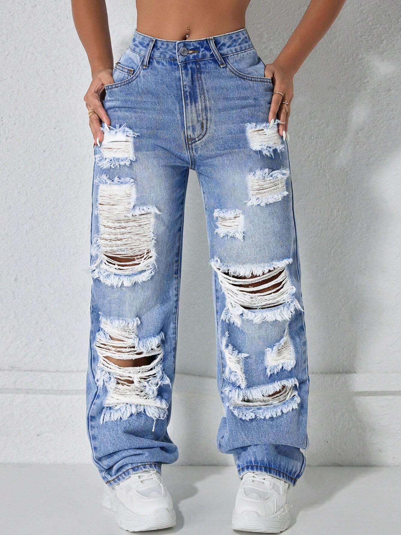 Fashion Street Style High Waist Pocket Ripped Denim High Rise Jeans, Women's Loose Baggy Straight-Leg Pants for Spring Summer Fall, Trendy Casual Wear, Casual Design Jeans, Streetwear, Womenswear
