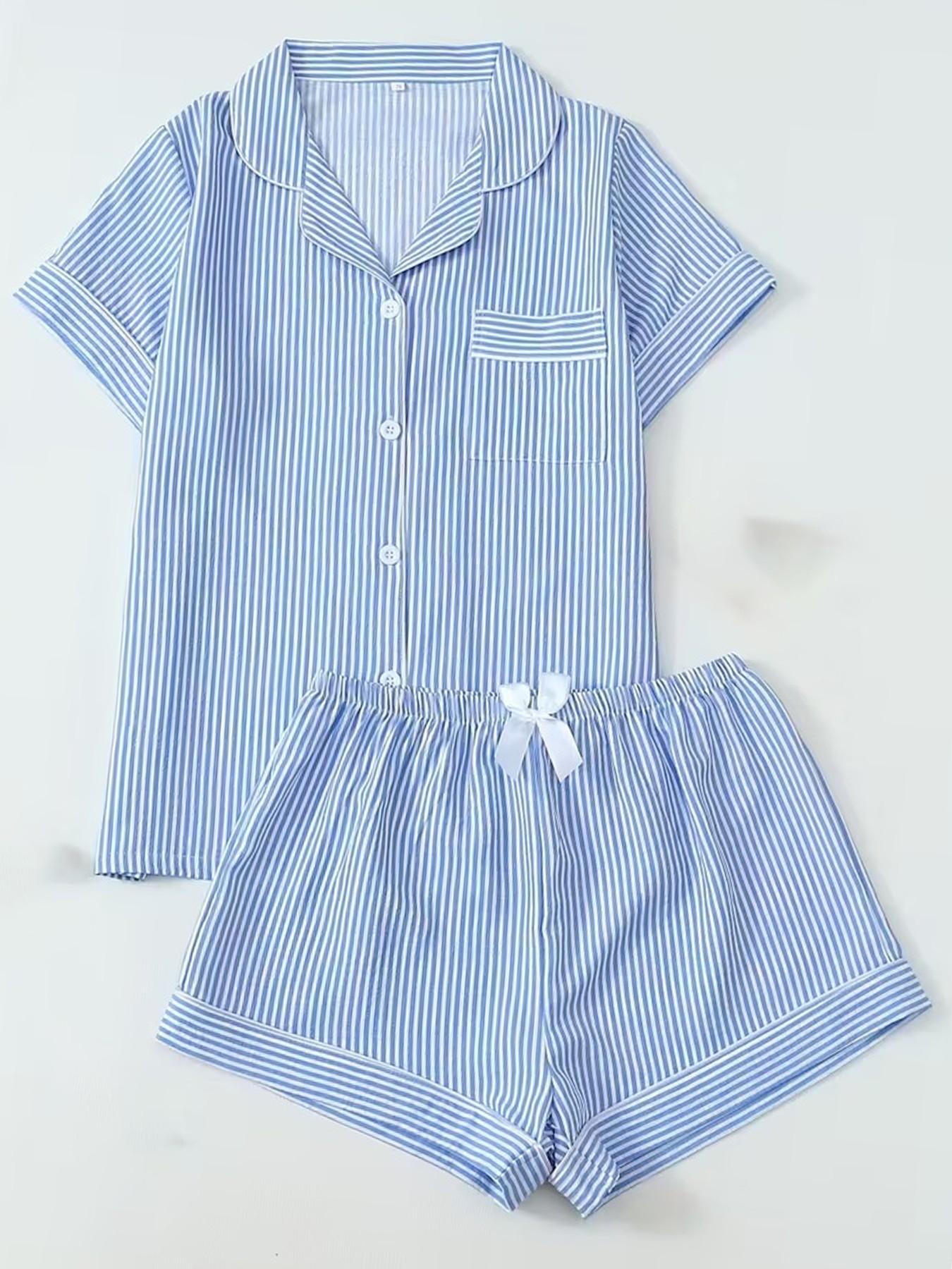 Women's Button-Down Short Sleeve Collared Pajama Set, Gingham Print, Contrast Trim, Loose Fit, Breathable Spring Summer Home Wear